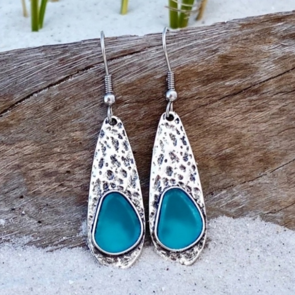 Gorgeous Blue Sea Glass Silver Drop Earrings